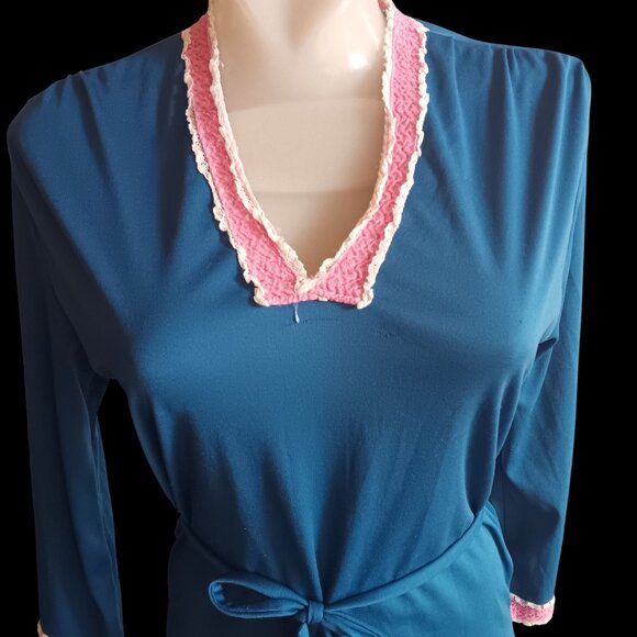 Vintage Women's Medium Belted Top 1970's 1of1 Handmade Groovy Granny Lace Trim - Picture 2 of 7